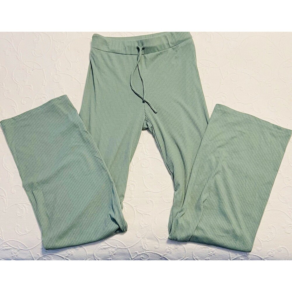 White Fox Boutique Sage Green Ribbed Knit Drawstring Wide Leg Lounge Pants Small